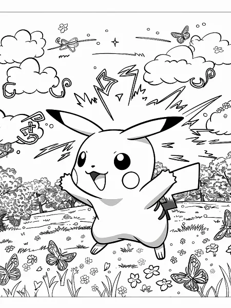 Pikachu frolicking in a spring meadow with blooming cherry blossoms - 0