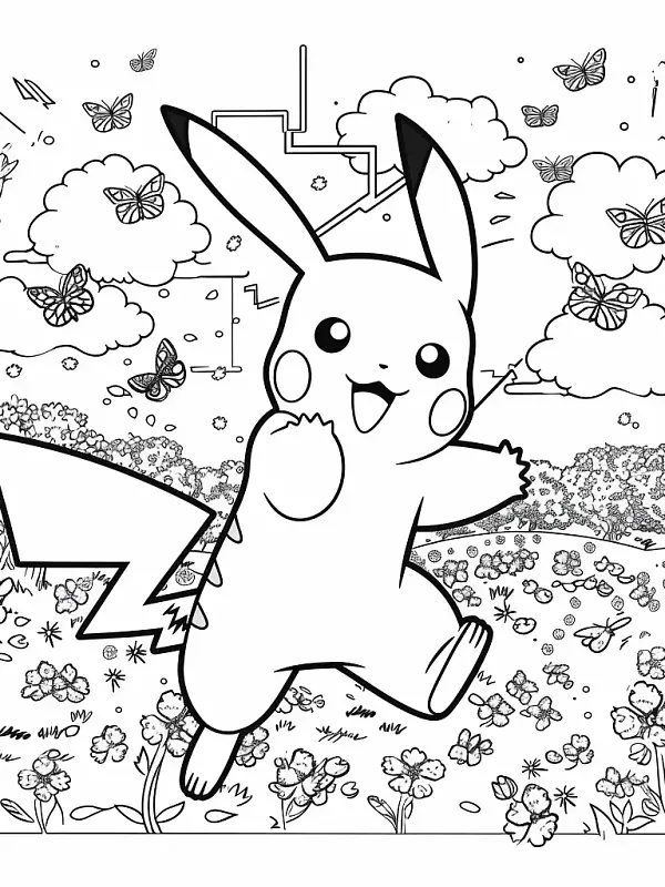 Pikachu frolicking in a spring meadow with blooming cherry blossoms - 1