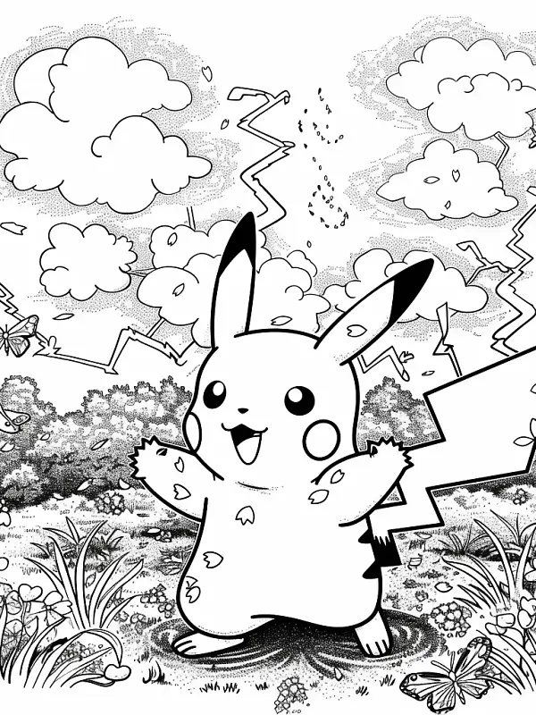 Pikachu frolicking in a spring meadow with blooming cherry blossoms - 2