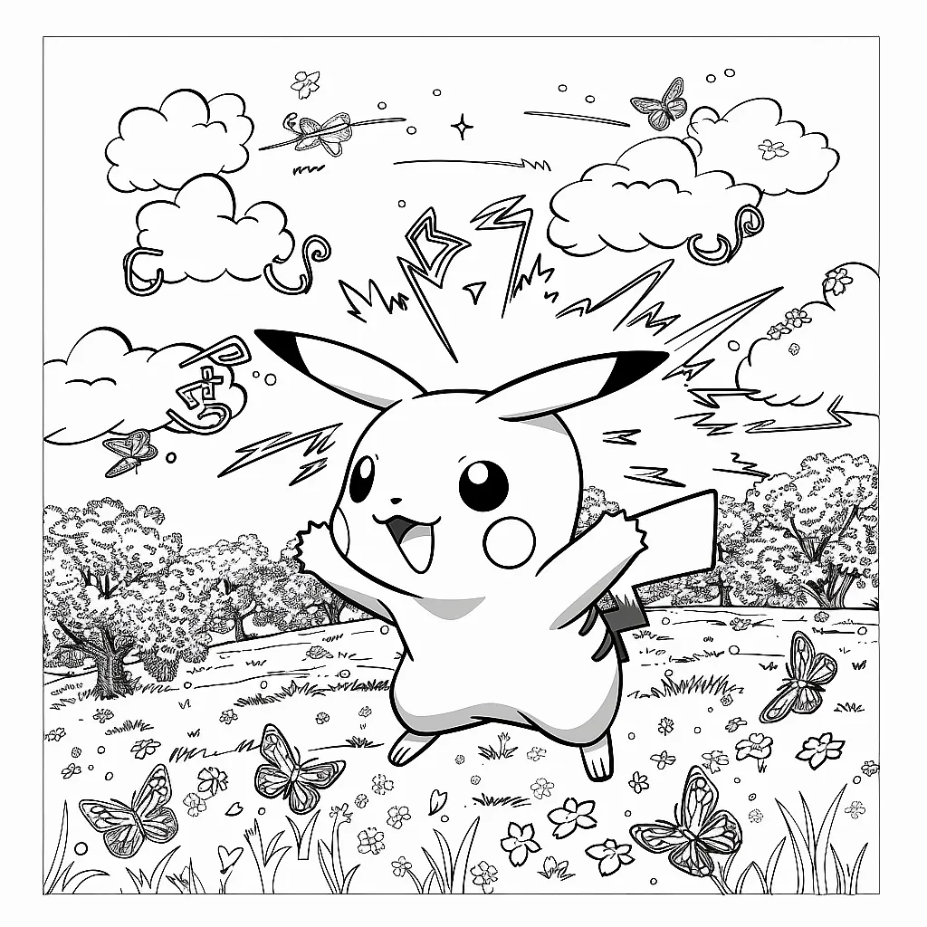 Pikachu frolicking in a spring meadow with blooming cherry blossoms