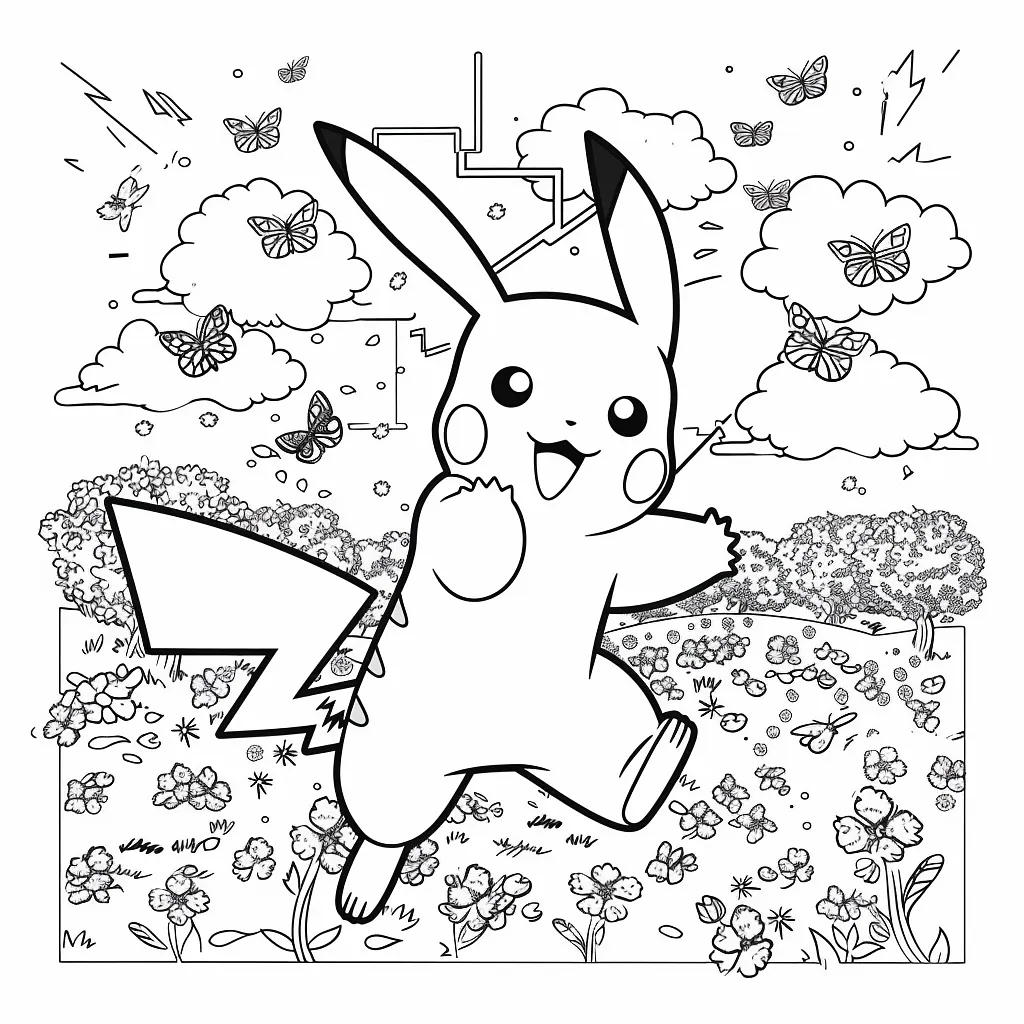 Pikachu frolicking in a spring meadow with blooming cherry blossoms 2