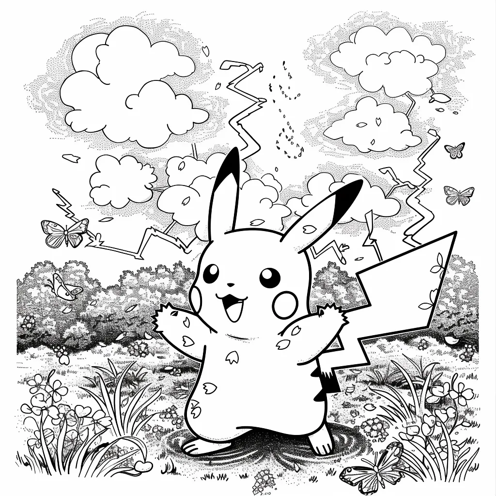 Pikachu frolicking in a spring meadow with blooming cherry blossoms 3