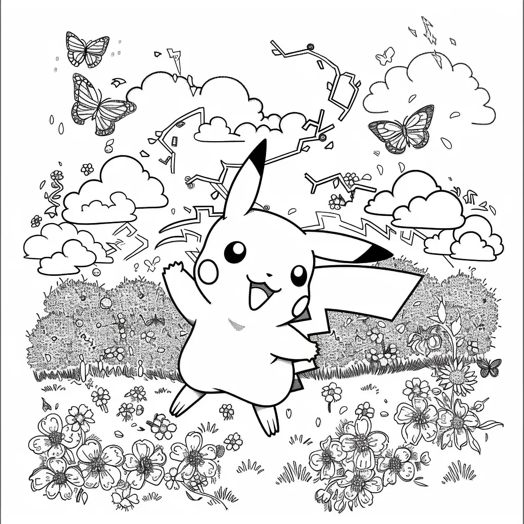 Pikachu frolicking in a spring meadow with blooming cherry blossoms 4