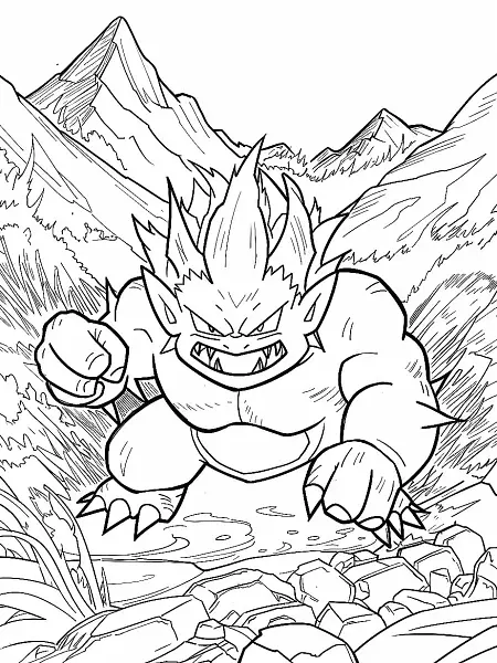 Machamp Pokemon Coloring Page with Mountain Background - 0