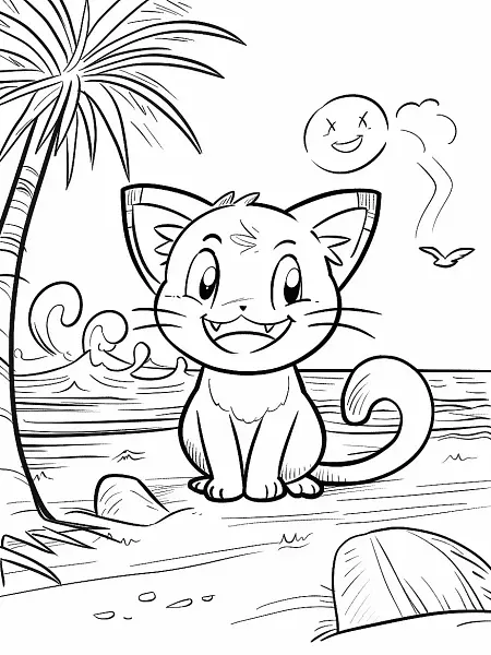 Meowth Pokemon Happy at the Beach Coloring Page - 1