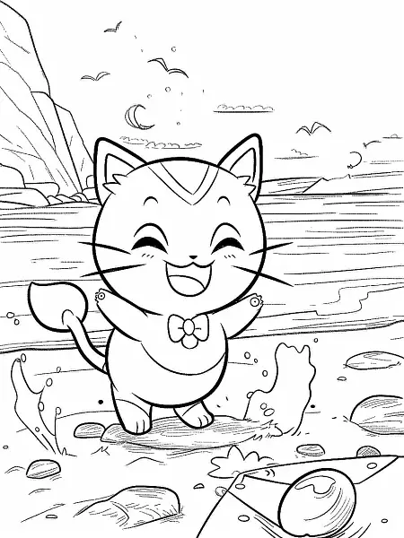 Meowth Pokemon Happy at the Beach Coloring Page - 0