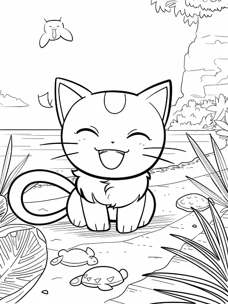 Meowth Pokemon Happy at the Beach Coloring Page - 3