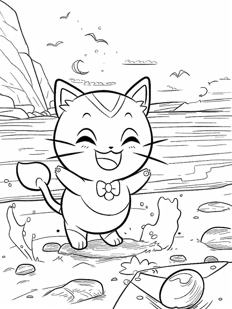 Meowth Pokemon Happy at the Beach Coloring Page