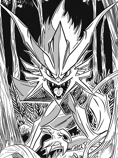 Giratina Pokemon in Dark Forest Coloring Page - 1