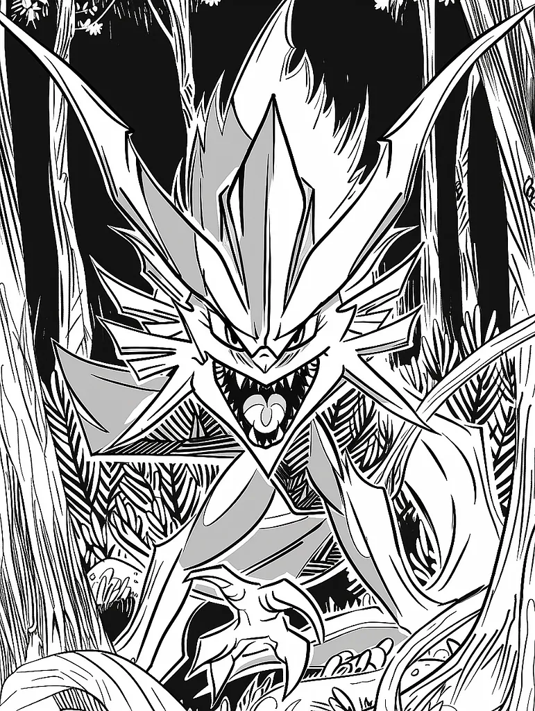 Giratina Pokemon in Dark Forest Coloring Page 2