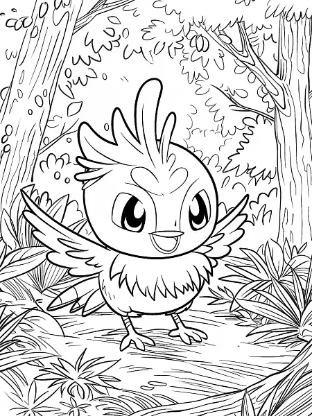 Joyful Fuecoco in a Forest Coloring Page - 1