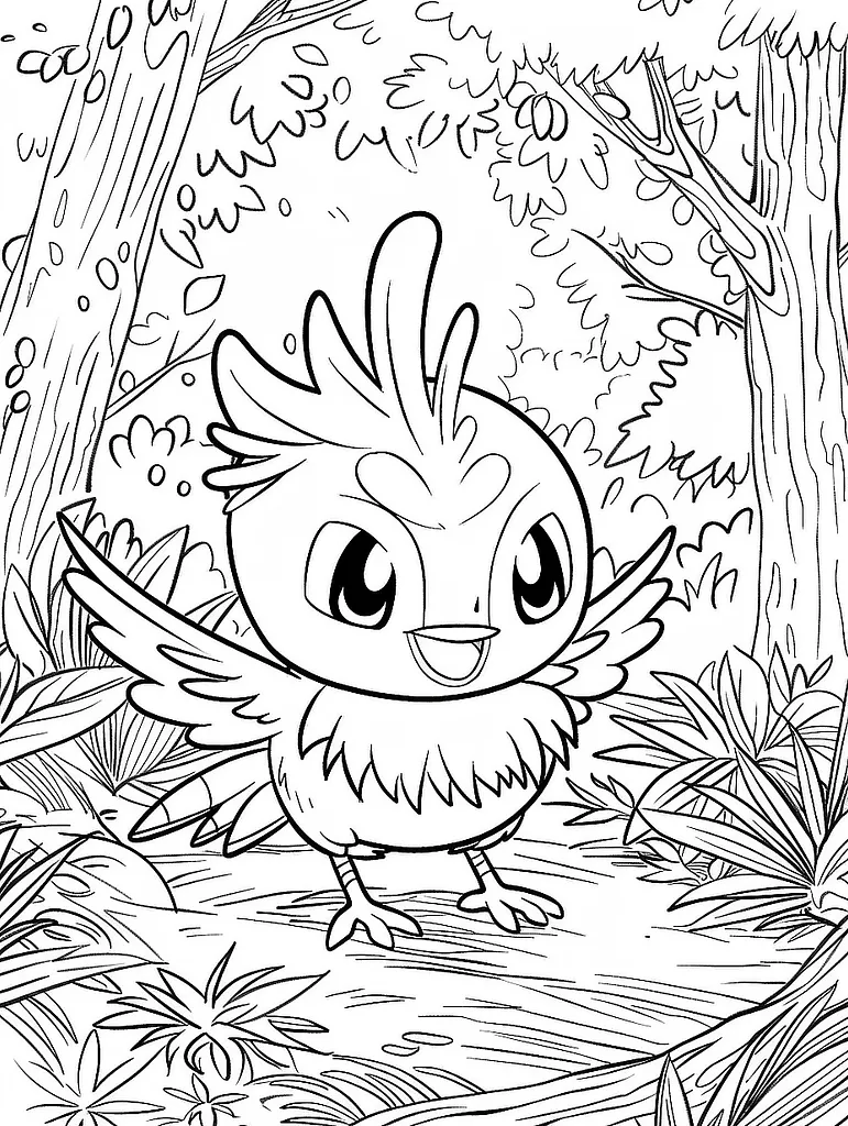 Joyful Fuecoco in a Forest Coloring Page 2