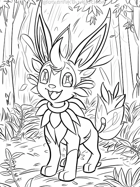 Joyful Sylveon in Forest Glade Coloring Page - 3