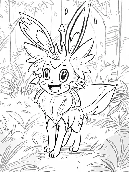 Joyful Sylveon in Forest Glade Coloring Page - 1