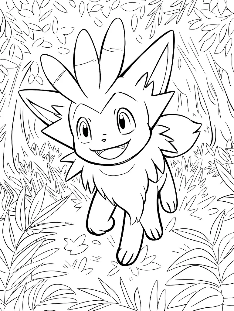 Joyful Sprigatito in Forest Coloring Page 3