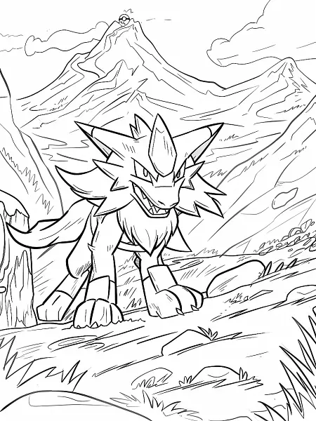 Lucario Pokemon Coloring Page with Mountain Background - 1