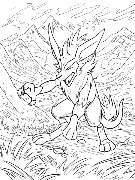 Lucario Pokemon Coloring Page with Mountain Background - 2