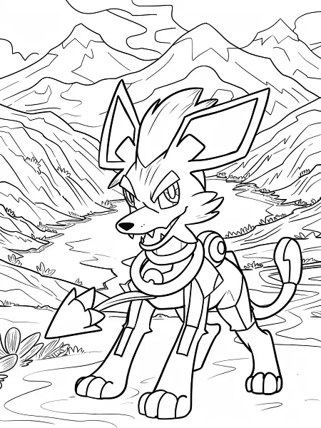 Lucario Pokemon Coloring Page with Mountain Background - 3