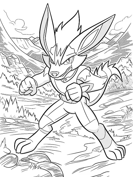 Lucario Pokemon Coloring Page with Mountain Background - 0