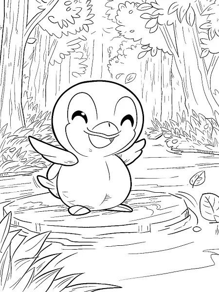 Happy Piplup Pokemon in Forest Coloring Page