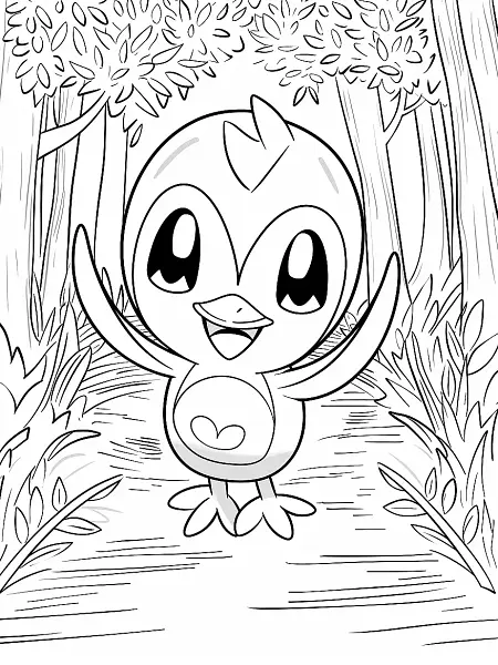 Happy Piplup Pokemon in Forest Coloring Page - 1