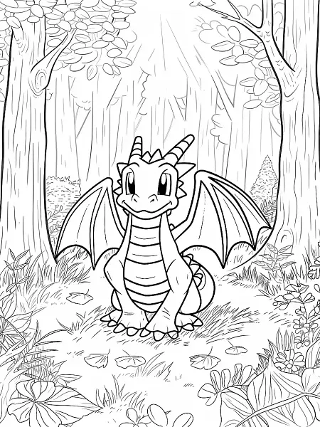 Dragonite Pokemon in a Forest - Coloring Page - 1