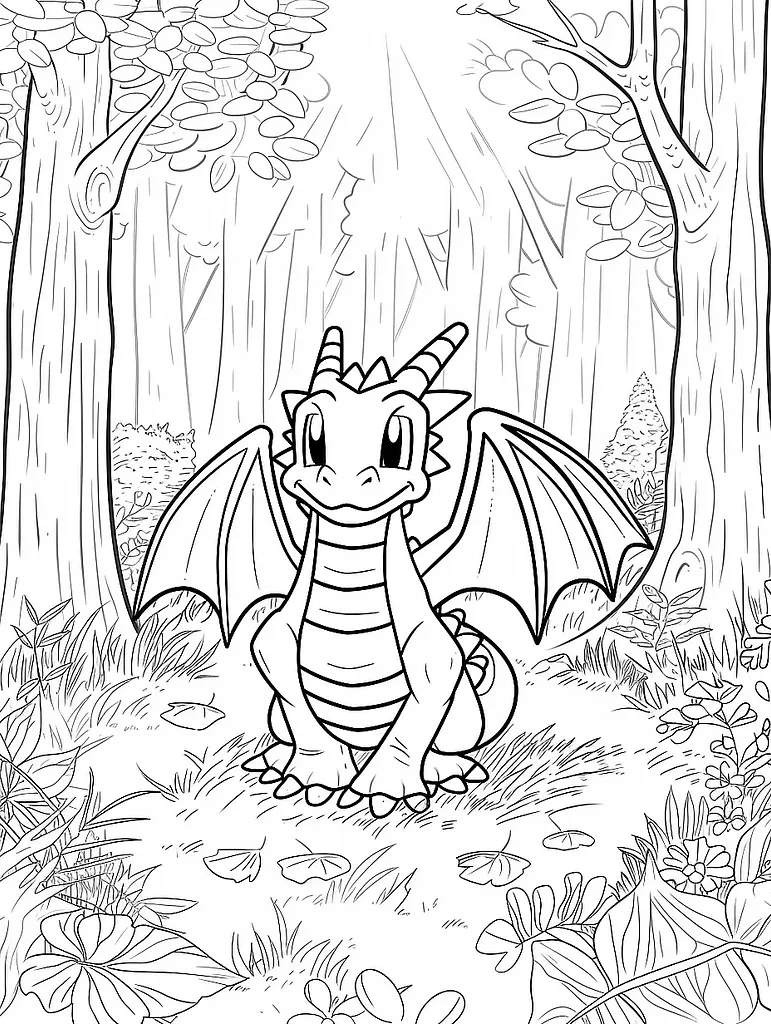 Dragonite Pokemon in a Forest - Coloring Page 2