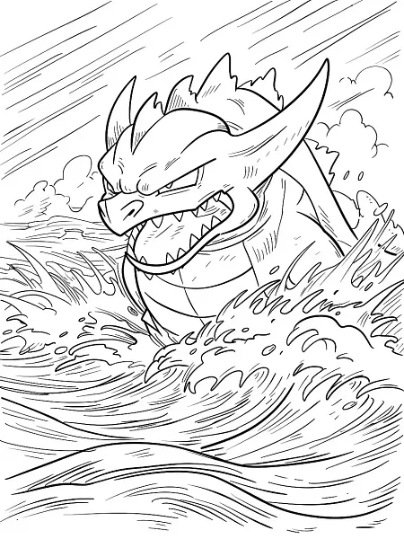 Gyarados in Stormy Sea Coloring Page - 2