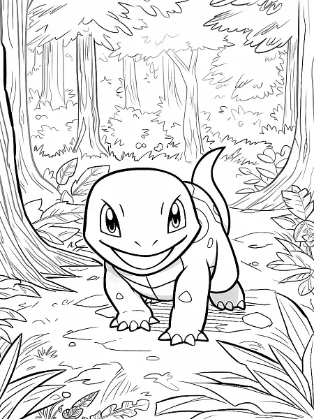 Happy Charmander in the Forest Coloring Page - 0