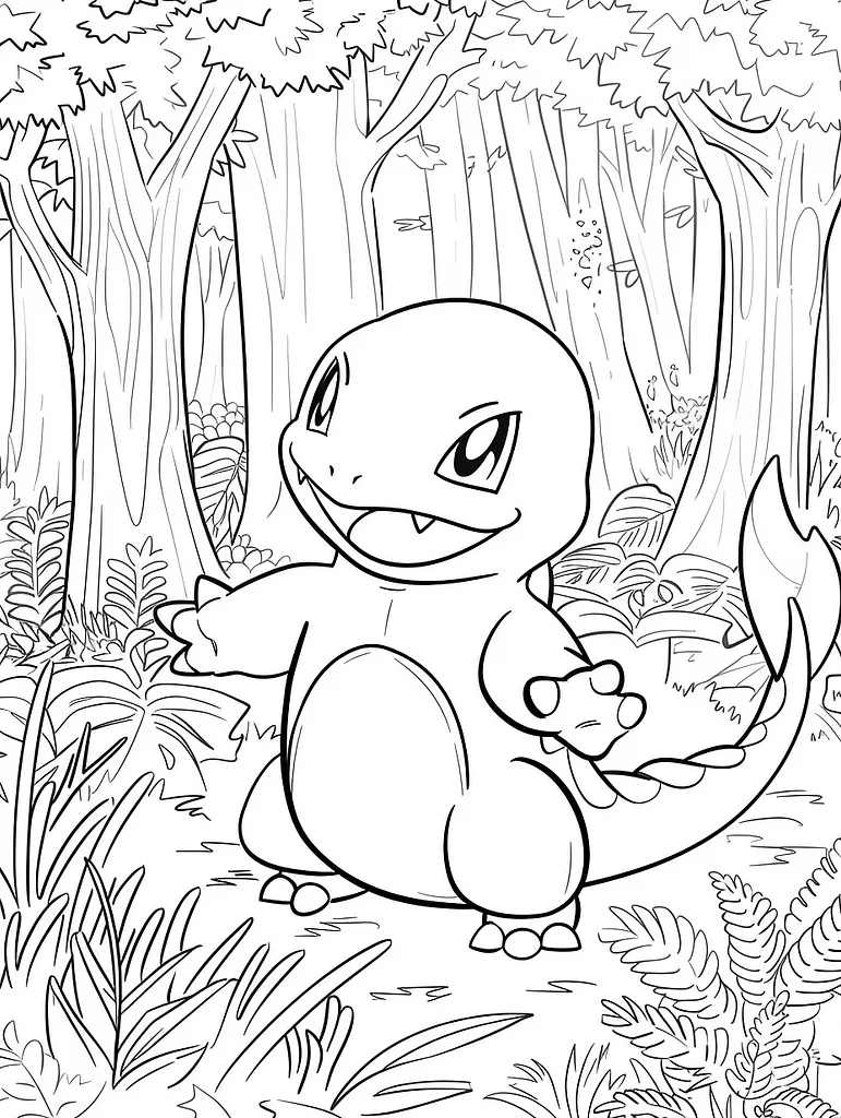 Happy Charmander in the Forest Coloring Page 3