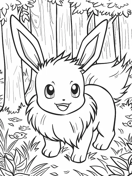 Eevee Pokemon in Forest Coloring Page - 1