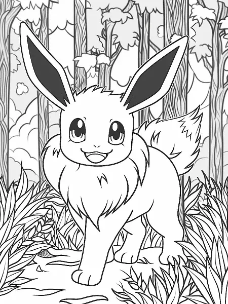 Eevee Pokemon in Forest Coloring Page - 0