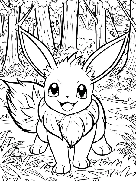 Eevee Pokemon in Forest Coloring Page - 2