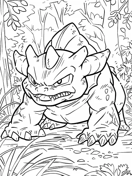 Fierce Nidorino in a Forest - Coloring Page - 1