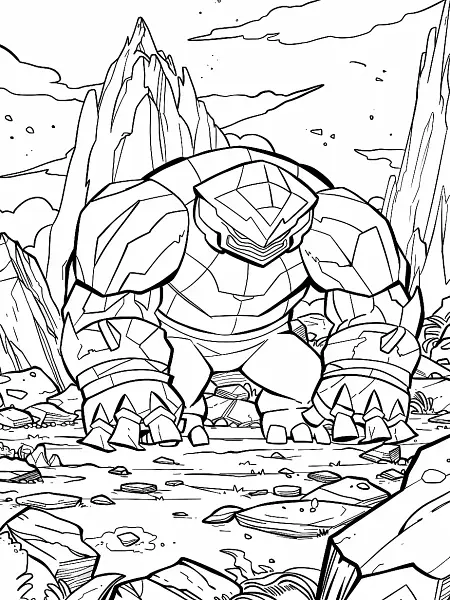 Fierce Golem Pokemon in Rocky Landscape Coloring Page - 1