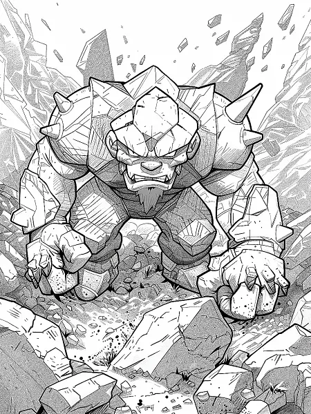 Fierce Golem Pokemon in Rocky Landscape Coloring Page