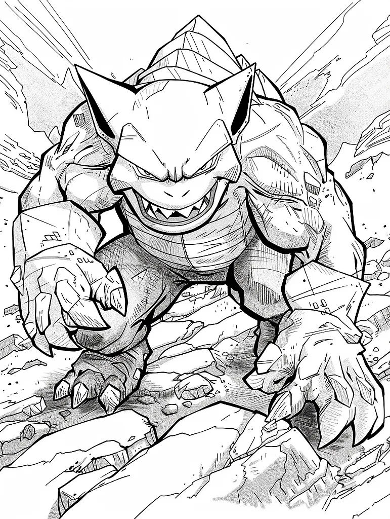 Fierce Golem Pokemon in Rocky Landscape Coloring Page 3