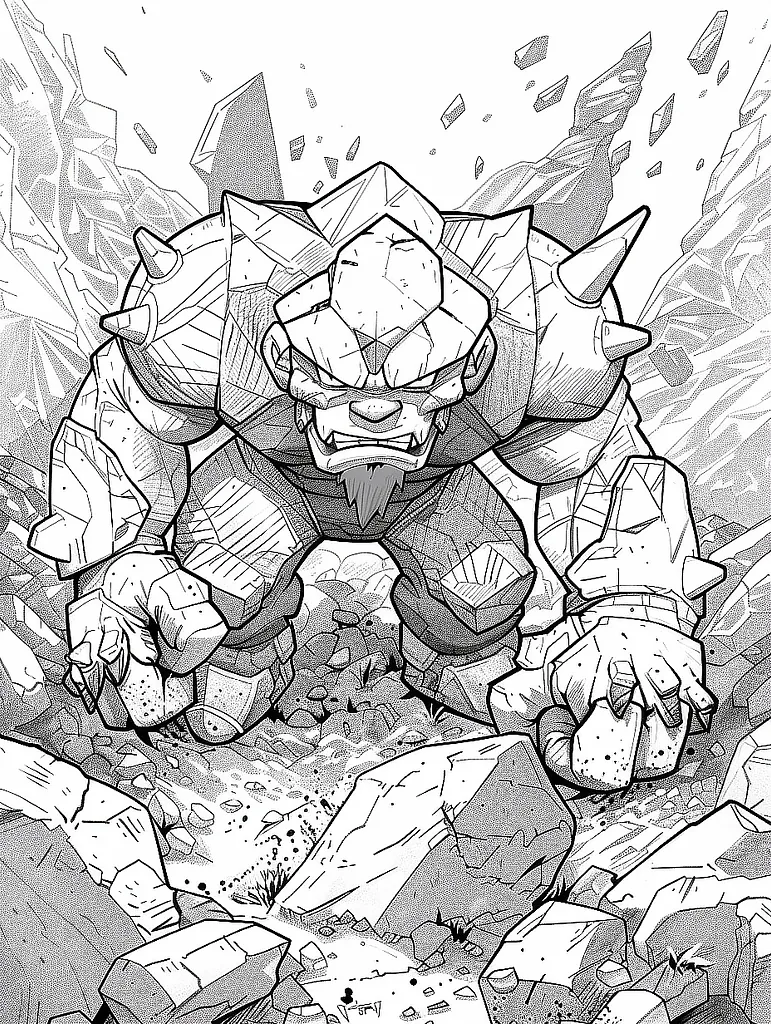 Fierce Golem Pokemon in Rocky Landscape Coloring Page