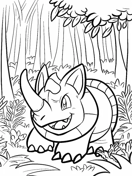 Happy Rhyhorn in the Forest Coloring Page - 0