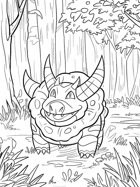 Happy Rhyhorn in the Forest Coloring Page - 1