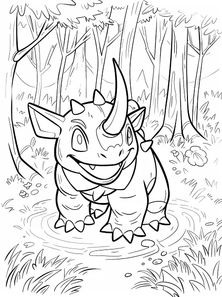 Happy Rhyhorn in the Forest Coloring Page - 3