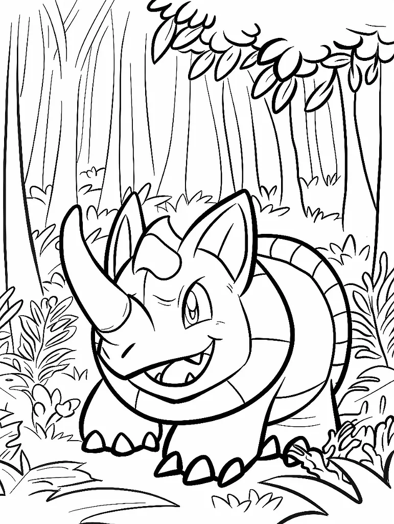 Happy Rhyhorn in the Forest Coloring Page