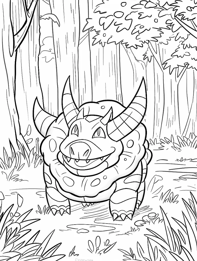 Happy Rhyhorn in the Forest Coloring Page 2