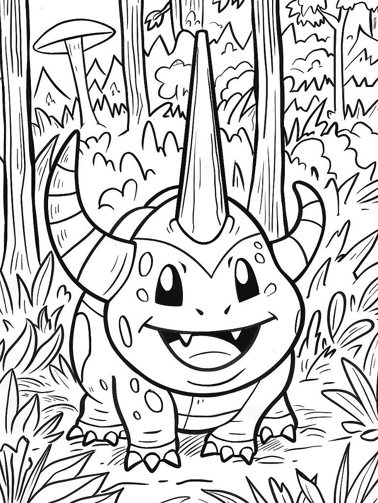 Happy Rhyhorn in the Forest Coloring Page 3