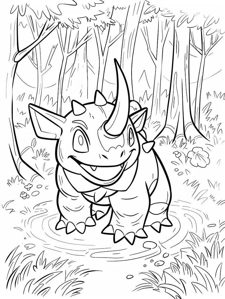 Happy Rhyhorn in the Forest Coloring Page 4