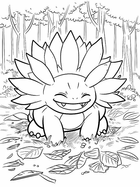 Happy Meganium Pokemon in Forest Coloring Page - 1