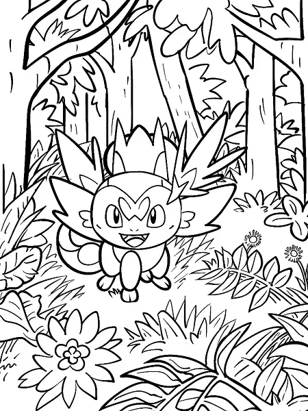 Happy Meganium Pokemon in Forest Coloring Page - 0