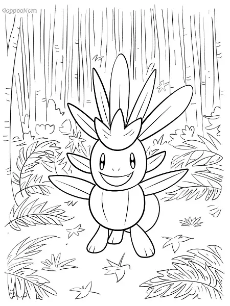 Happy Meganium Pokemon in Forest Coloring Page - 2