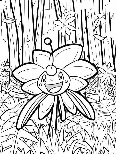 Happy Meganium Pokemon in Forest Coloring Page - 3