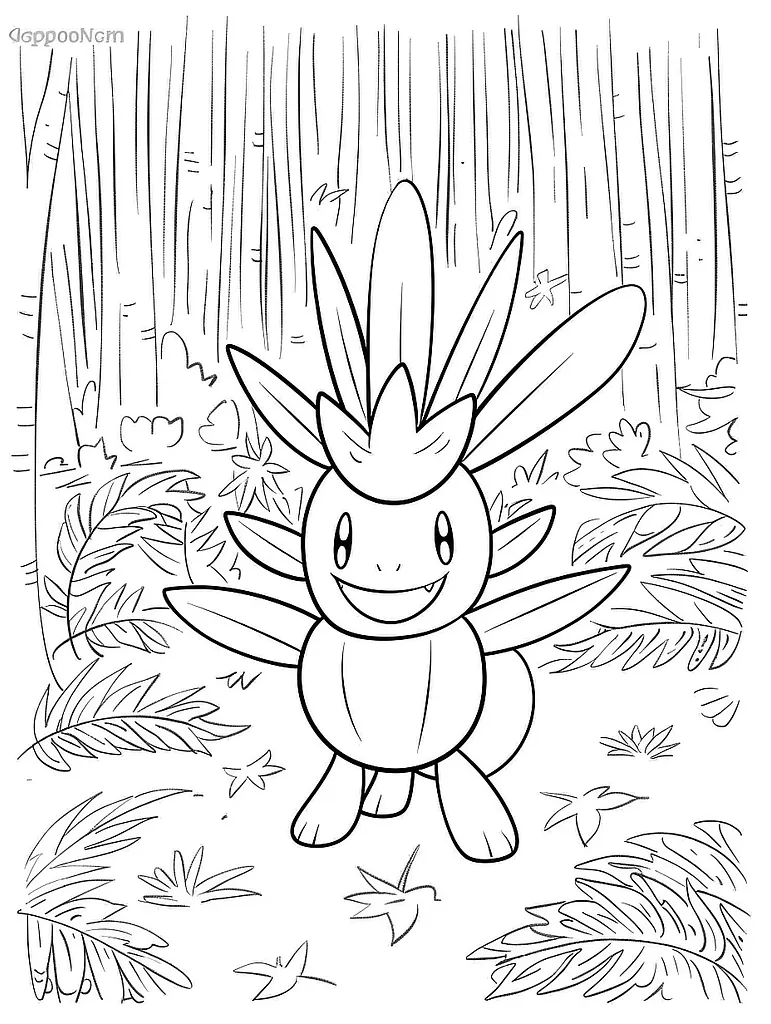 Happy Meganium Pokemon in Forest Coloring Page 3